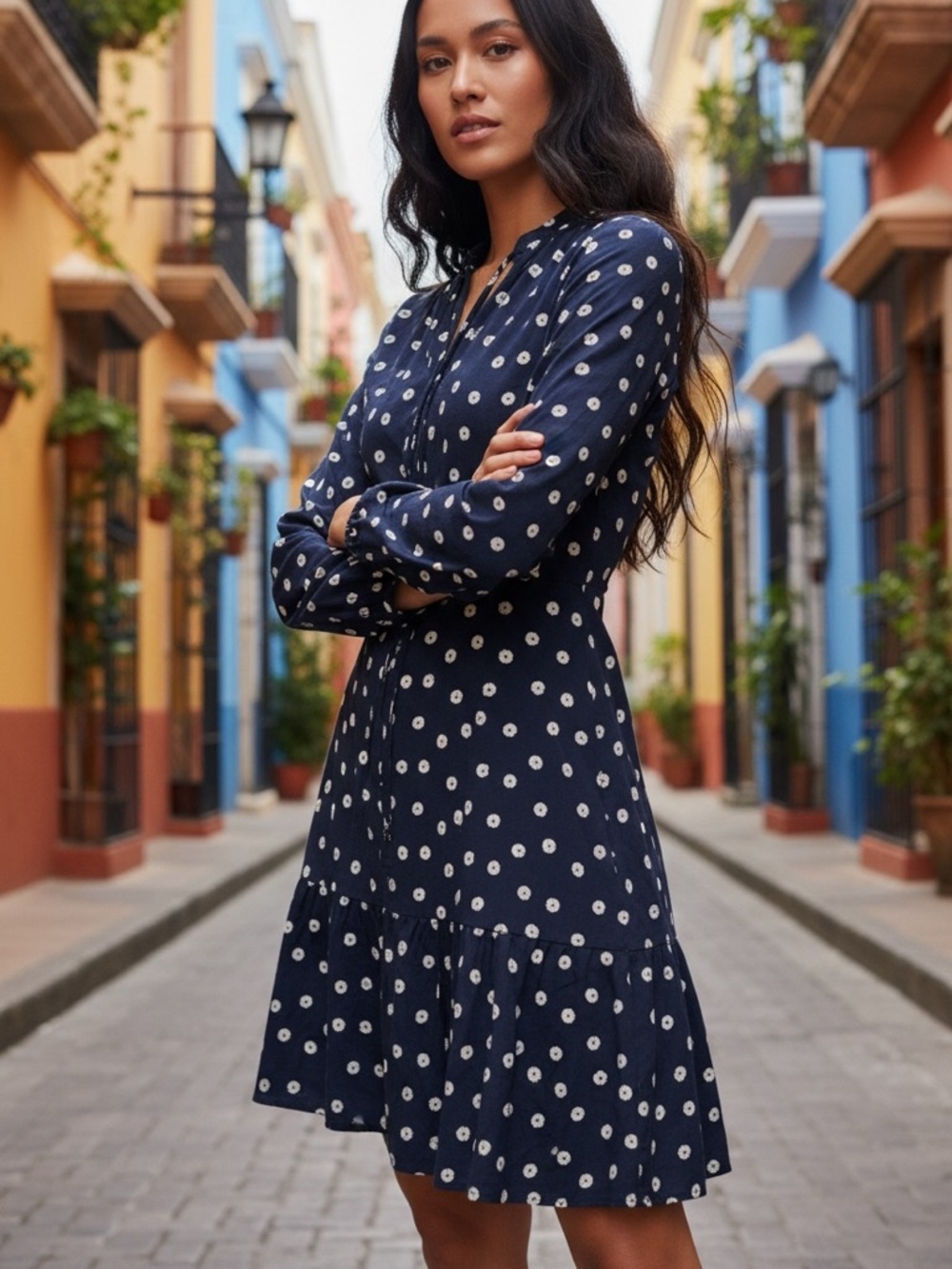 Ann Taylor Loft bloom ruffle tie neck dot dress 00